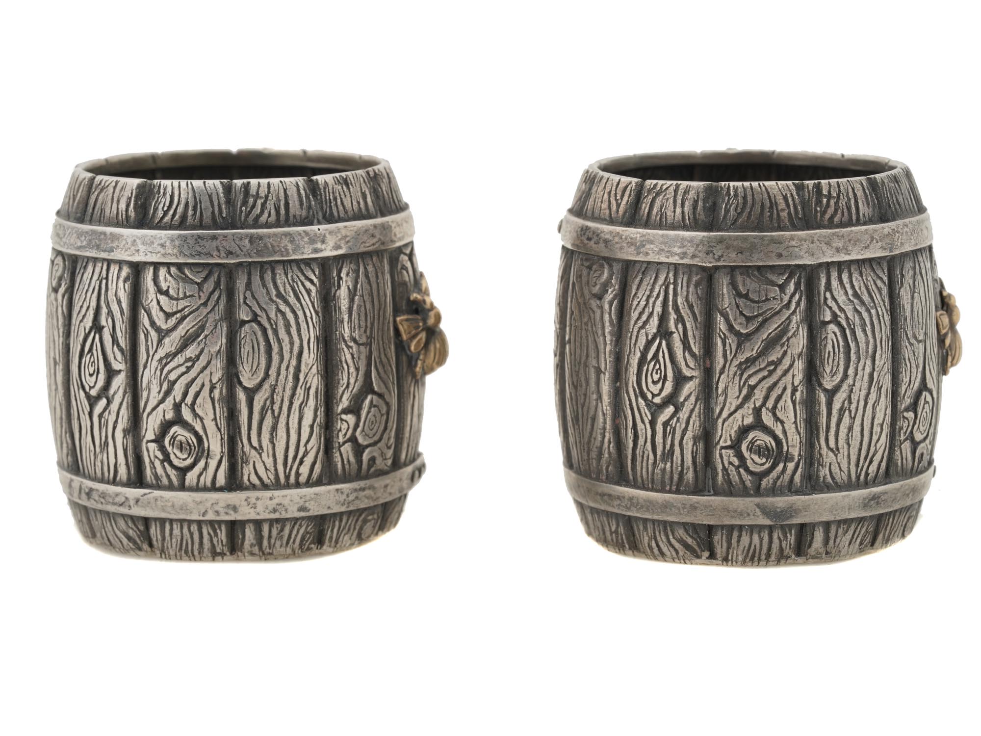 PAIR OF RUSSIAN SILVER WOODEN BARREL VODKA CUPS PIC-2